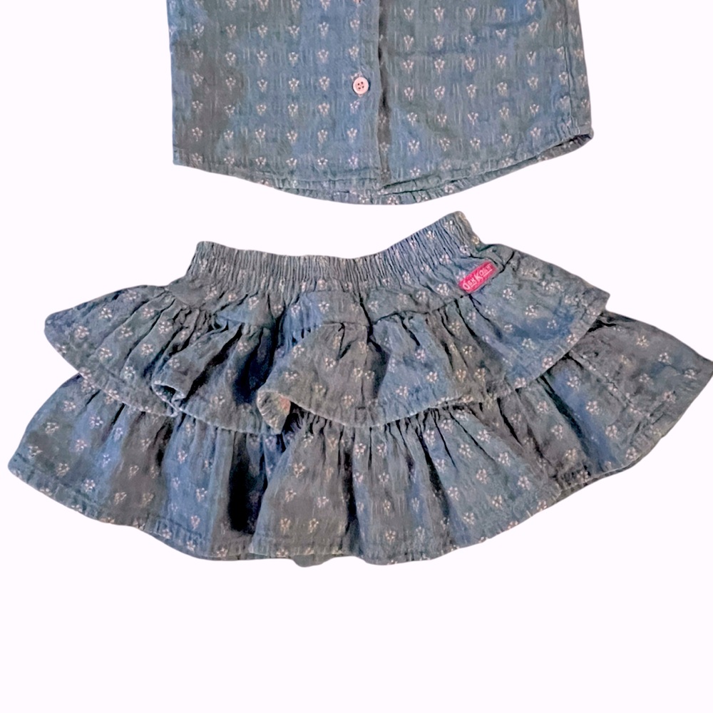 VINTAGE Oshkosh B'gosh Denim Ruffle Skirt and Matching Blouse Embroidered 18 Mos - Picture 3 of 13